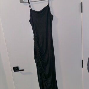 Lulus Black Ruched Drawstring Asymmetrical Midi Dress (M)